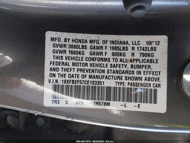 45471075 :رقم المزاد ، 19XFB2F57CE103351 vin ، 2012 Honda Civic Lx مزاد بيع