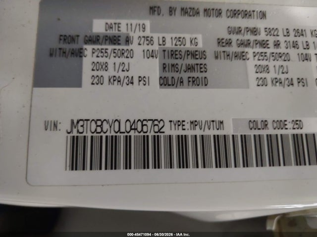 Aukcja sprzedaży 2020 Mazda Cx-9 Touring, vin: JM3TCBCY0L0406762, numer aukcji: 45471094