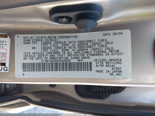 Aukcja sprzedaży 2004 Lexus Gx 470, vin: JTJBT20X840062659, numer aukcji: 45471095