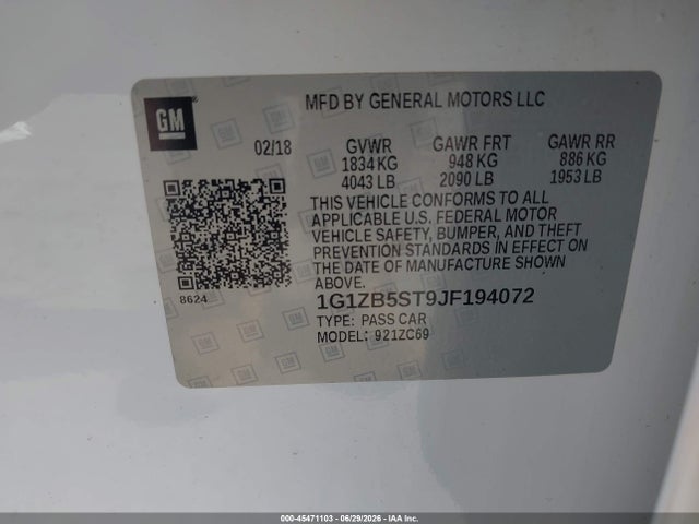 Aukcja sprzedaży 2018 Chevrolet Malibu 1ls, vin: 1G1ZB5ST9JF194072, numer aukcji: 45471103