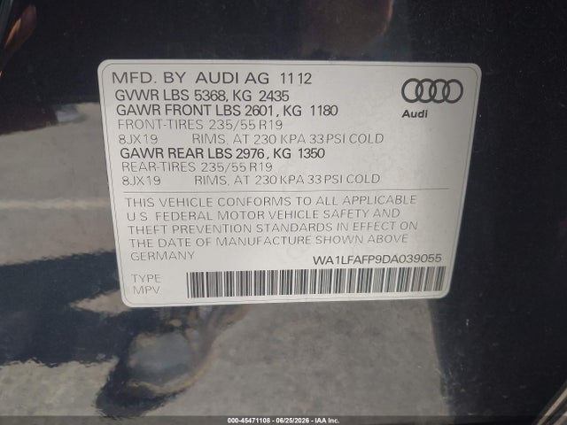 2013 Audi Q5 2.0t Premium მანქანა იყიდება აუქციონზე, vin: WA1LFAFP9DA039055, აუქციონის ნომერი: 45471108