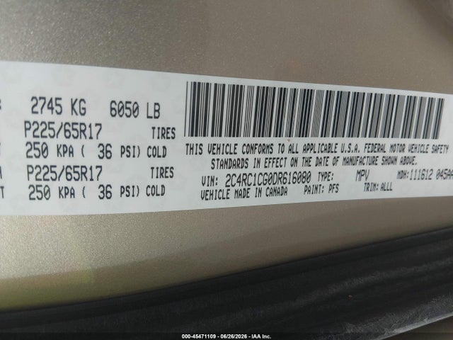 2013 Chrysler Town & Country Touring-l მანქანა იყიდება აუქციონზე, vin: 2C4RC1CG0DR616080, აუქციონის ნომერი: 45471109