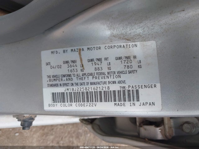 45471125 :رقم المزاد ، JM1BJ225821621218 vin ، 2002 Mazda Protege Dx/es/lx مزاد بيع