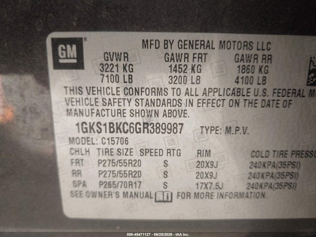 45471127 :رقم المزاد ، 1GKS1BKC6GR389987 vin ، 2016 Gmc Yukon Slt مزاد بيع