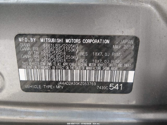 Aukcja sprzedaży 2019 Mitsubishi Outlander Es, vin: JA4AD2A30KZ053769, numer aukcji: 45471131