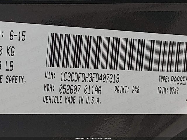 45471150 :رقم المزاد ، 1C3CDFDH3FD407319 vin ، 2015 Dodge Dart Aero مزاد بيع
