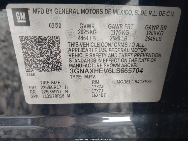 2020 Chevrolet Equinox Fwd Ls მანქანა იყიდება აუქციონზე, vin: 3GNAXHEV6LS665704, აუქციონის ნომერი: 45471187