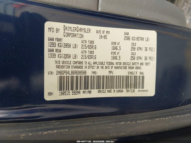 Продаж на аукціоні авто 2006 Chrysler Town & Country Limited, vin: 2A8GP64L86R690508, номер лоту: 45471188