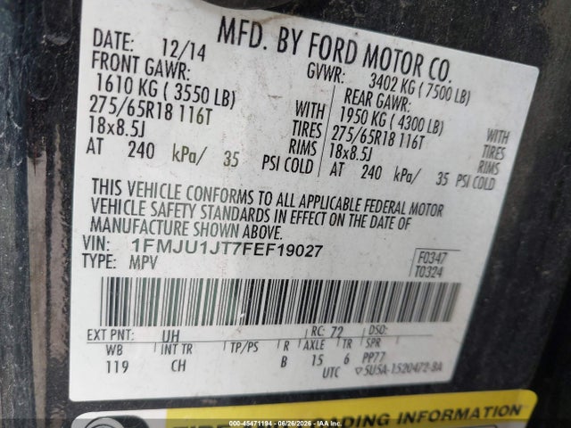 Aukcja sprzedaży 2015 Ford Expedition Xlt, vin: 1FMJU1JT7FEF19027, numer aukcji: 45471194