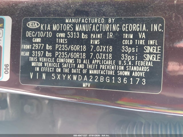 2011 Kia Sorento Sx V6 მანქანა იყიდება აუქციონზე, vin: 5XYKWDA22BG136173, აუქციონის ნომერი: 45471227