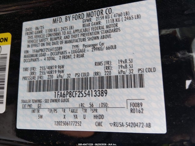 45471229 :رقم المزاد ، 1FA6P8CF2S5413389 vin ، 2025 Ford Mustang Gt Premium Fastback مزاد بيع