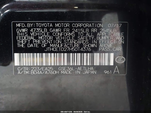 45471236 :رقم المزاد ، JTHCE1D27H5014376 vin ، 2017 Lexus Is 350 مزاد بيع