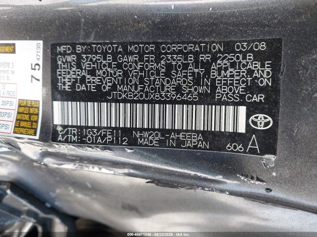 Aukcja sprzedaży 2008 Toyota Prius, vin: JTDKB20UX83396465, numer aukcji: 45471248