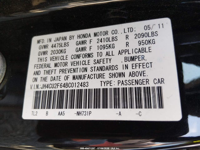 Aukcja sprzedaży 2011 Acura Tsx 2.4, vin: JH4CU2F64BC012483, numer aukcji: 45471287
