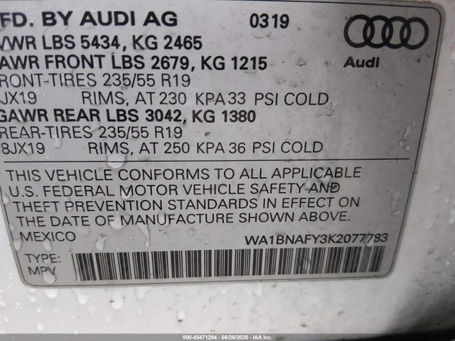 Продажа на аукционе авто 2019 Audi Q5 45 Premium, vin: WA1BNAFY3K2077783, номер лота: 45471294
