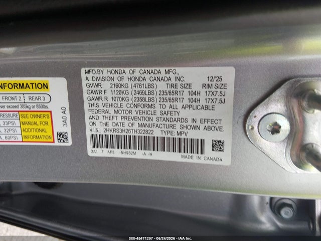 Продаж на аукціоні авто 2026 Honda Cr-v Lx 2wd, vin: 2HKRS3H26TH322822, номер лоту: 45471297