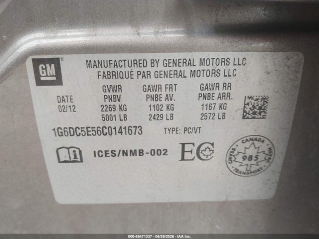 45471337 :رقم المزاد ، 1G6DC5E56C0141673 vin ، 2012 Cadillac Cts Standard مزاد بيع