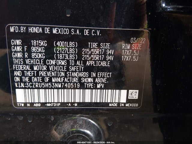 3CZRU5H53NM740519 Honda Hr-v 2wd Ex