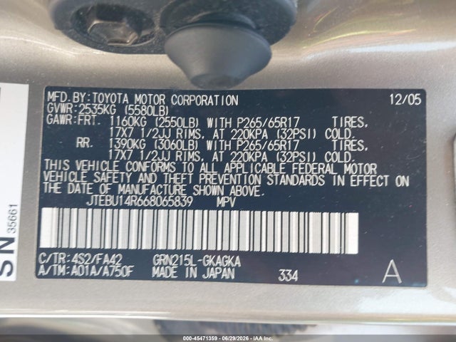 Aukcja sprzedaży 2006 Toyota 4runner Sr5, vin: JTEBU14R668065839, numer aukcji: 45471359