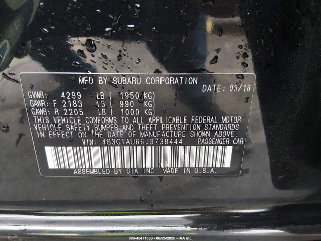 45471368 :رقم المزاد ، 4S3GTAU66J3738444 vin ، 2018 Subaru Impreza 2.0i Limited مزاد بيع