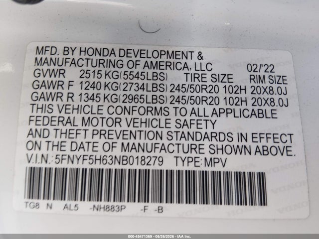 5FNYF5H63NB018279 Honda Pilot 2wd Touring 7 Passenger