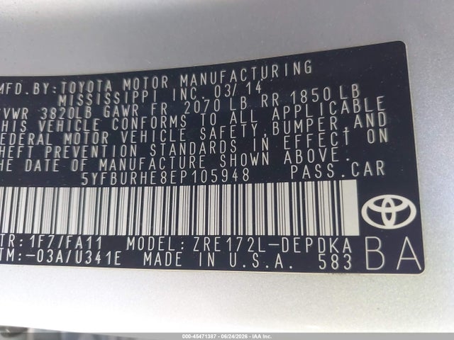 Toyota COROLLA L 2014 5YFBURHE8EP105948 Image 9
