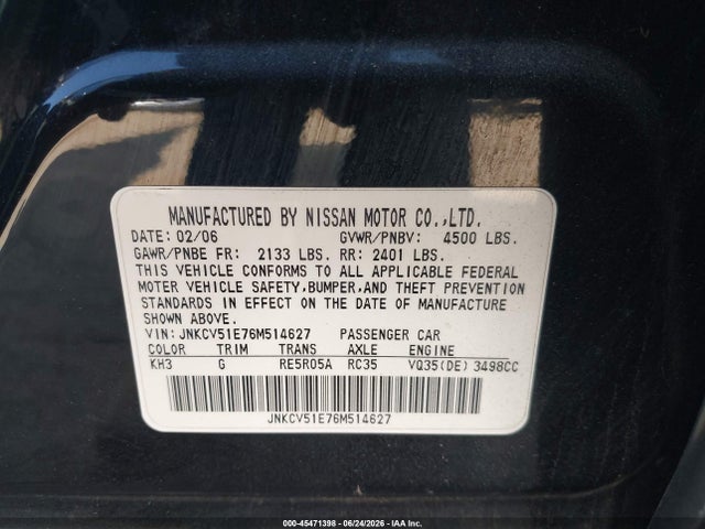 Продажа на аукционе авто 2006 Infiniti G35, vin: JNKCV51E76M514627, номер лота: 45471398