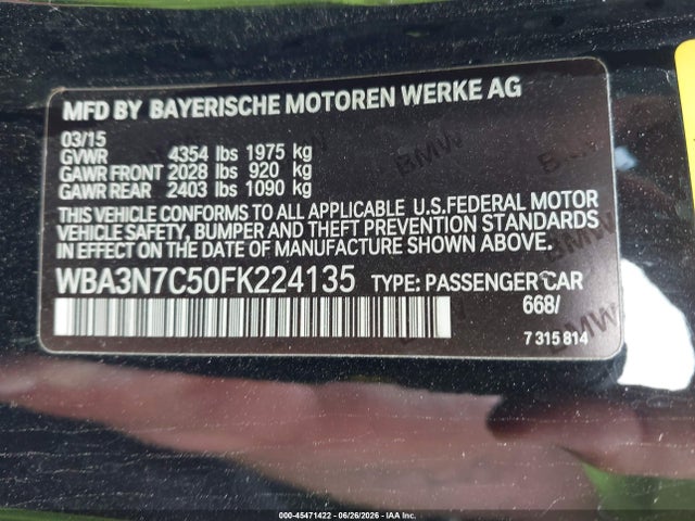 2015 Bmw 428i მანქანა იყიდება აუქციონზე, vin: WBA3N7C50FK224135, აუქციონის ნომერი: 45471422