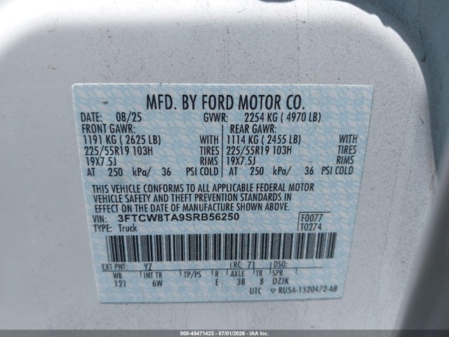 Продажа на аукционе авто 2025 Ford Maverick Lobo Standard, vin: 3FTCW8TA9SRB56250, номер лота: 45471423