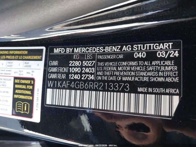 45471444 :رقم المزاد ، W1KAF4GB6RR213373 vin ، 2024 Mercedes-benz C 300 مزاد بيع