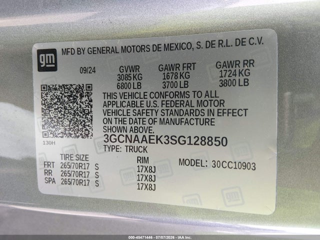2025 Chevrolet Silverado 1500 2wd  Long Bed Wt მანქანა იყიდება აუქციონზე, vin: 3GCNAAEK3SG128850, აუქციონის ნომერი: 45471446