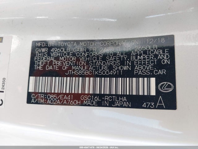 45471476 :رقم المزاد ، JTHS85BC1K5004911 vin ، 2019 Lexus Rc 300 مزاد بيع