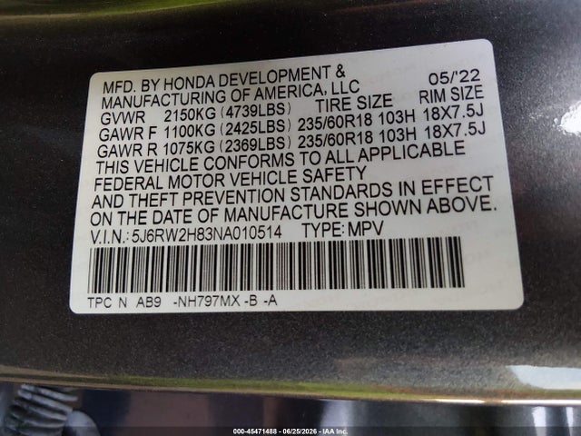 5J6RW2H83NA010514 Honda Cr-v Awd Ex-l