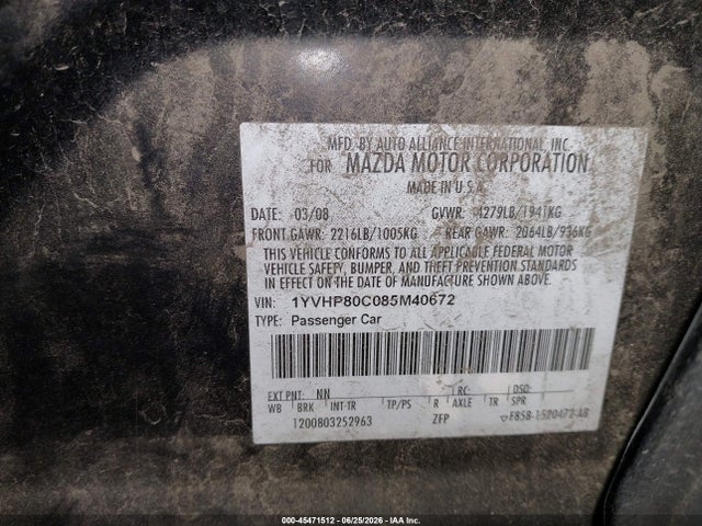 2008 Mazda Mazda6 I Touring მანქანა იყიდება აუქციონზე, vin: 1YVHP80C085M40672, აუქციონის ნომერი: 45471512