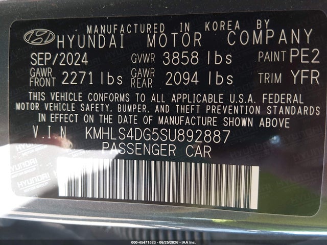 Aukcja sprzedaży 2025 Hyundai Elantra Sel Convenience, vin: KMHLS4DG5SU892887, numer aukcji: 45471523
