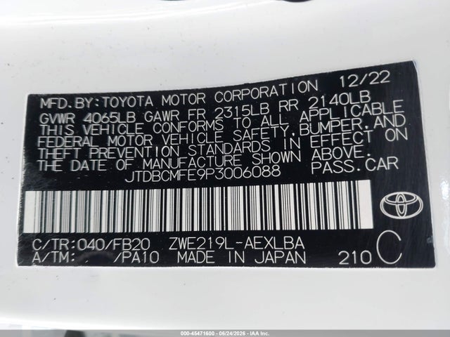 JTDBCMFE9P3006088 Toyota Corolla Hybrid Le