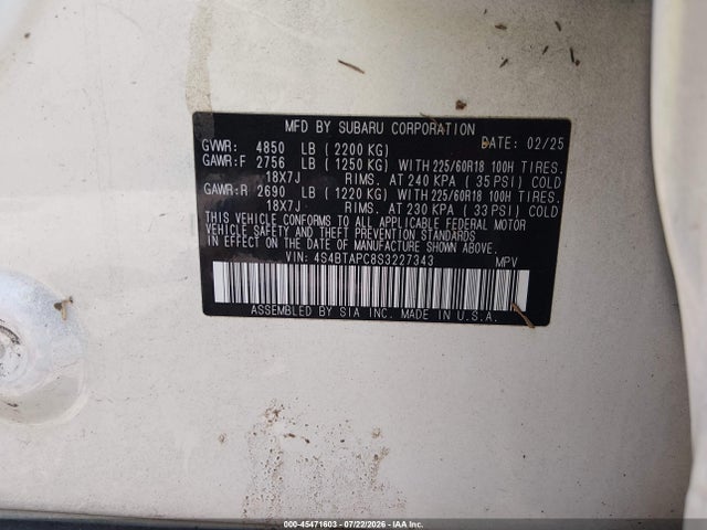 Aukcja sprzedaży 2025 Subaru Outback Touring, vin: 4S4BTAPC8S3227343, numer aukcji: 45471603