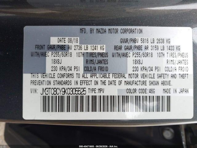 Продажа на аукционе авто 2019 Mazda Cx-9 Touring, vin: JM3TCBCY9K0305525, номер лота: 45471605