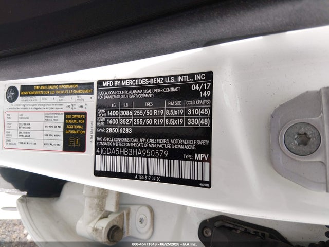 45471649 :رقم المزاد ، 4JGDA5HB3HA950579 vin ، 2017 Mercedes-benz Gle 350 4matic مزاد بيع