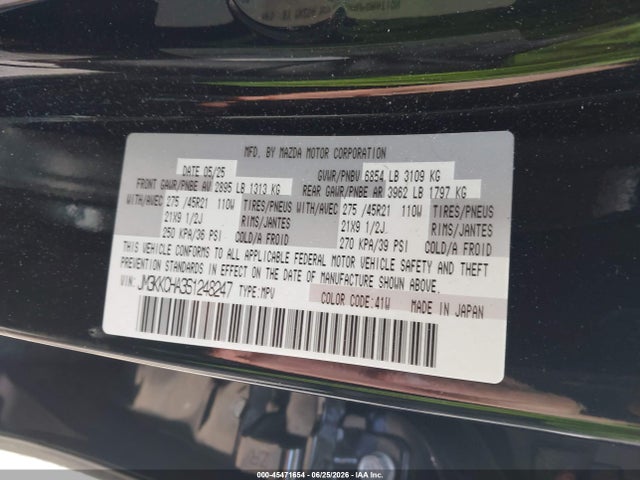 Aukcja sprzedaży 2025 Mazda Cx-90 Phev Premium Sport, vin: JM3KKCHA3S1248247, numer aukcji: 45471654