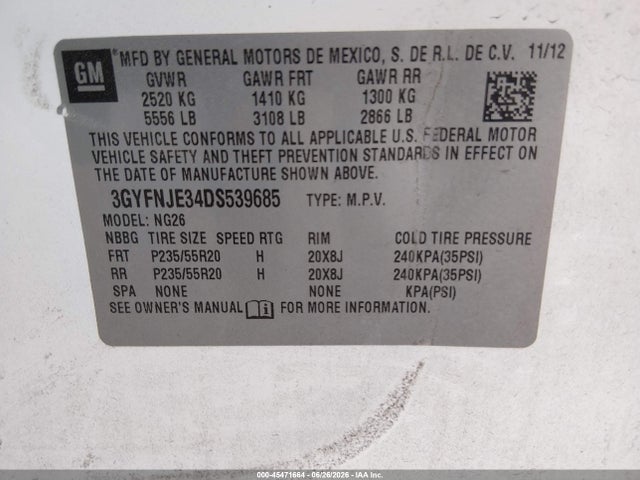 Продаж на аукціоні авто 2013 Cadillac Srx Premium Collection, vin: 3GYFNJE34DS539685, номер лоту: 45471664