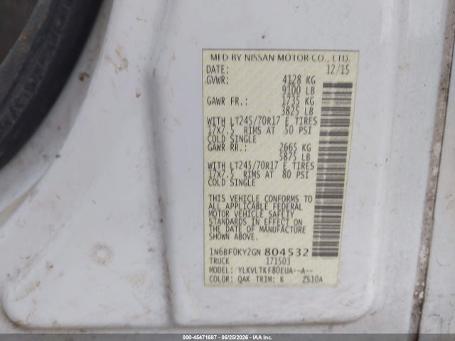 1N6BF0KY2GN804532 Nissan Nv Cargo Nv2500 Hd Sv V6