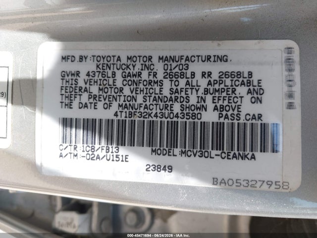 Aukcja sprzedaży 2003 Toyota Camry Le V6, vin: 4T1BF32K43U043580, numer aukcji: 45471694
