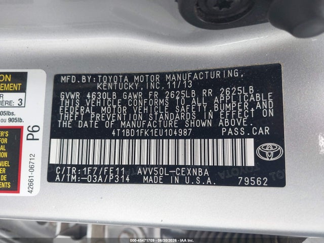 4T1BD1FK1EU104987 Toyota Camry Hybrid Le