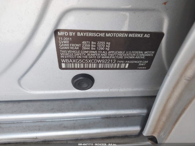 2012 Bmw 528i მანქანა იყიდება აუქციონზე, vin: WBAXG5C5XCDW92213, აუქციონის ნომერი: 45471713
