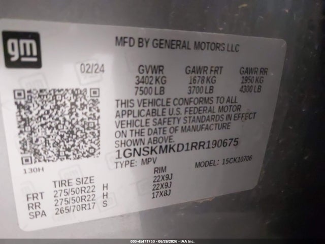 45471750 :رقم المزاد ، 1GNSKMKD1RR190675 vin ، 2024 Chevrolet Tahoe 4wd Ls مزاد بيع