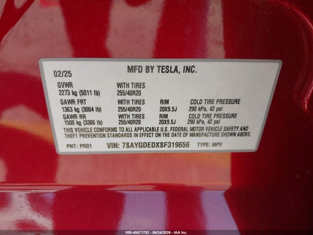 Aukcja sprzedaży 2025 Tesla Model Y Long Range Dual Motor Rear-wheel Drive, vin: 7SAYGDEDXSF319656, numer aukcji: 45471782