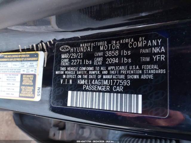 45471784 :رقم المزاد ، KMHLL4AG1MU177593 vin ، 2021 Hyundai Elantra Se مزاد بيع