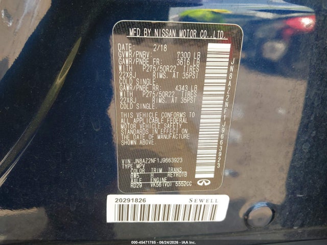 Продаж на аукціоні авто 2018 Infiniti Qx80, vin: JN8AZ2NF1J9663923, номер лоту: 45471785