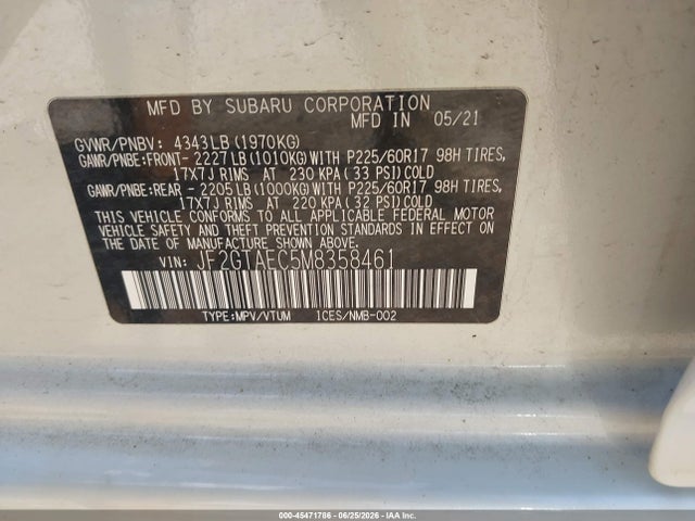 Aukcja sprzedaży 2021 Subaru Crosstrek Premium, vin: JF2GTAEC5M8358461, numer aukcji: 45471786